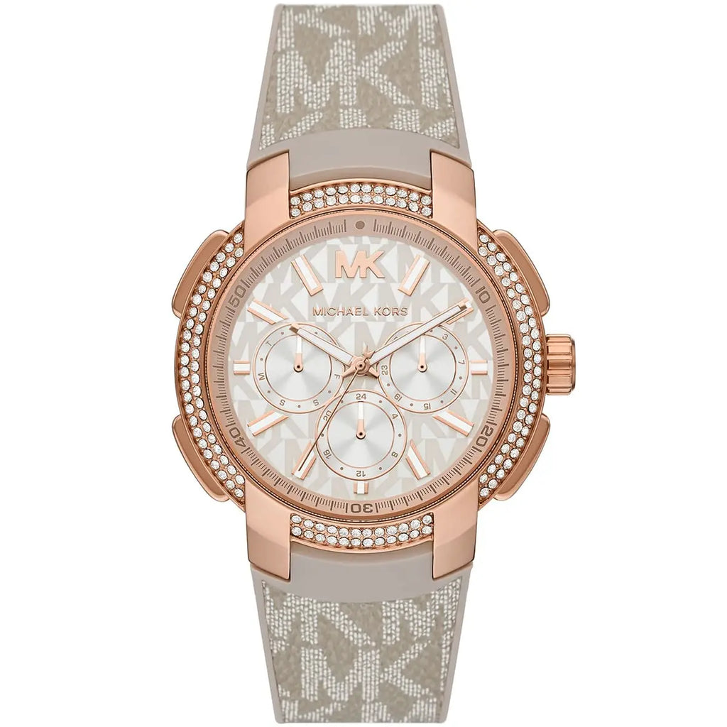 Michael Kors Sidney MK6949 Rose Gold-Tone Crystal Grey Logo Rubber Women's Watch