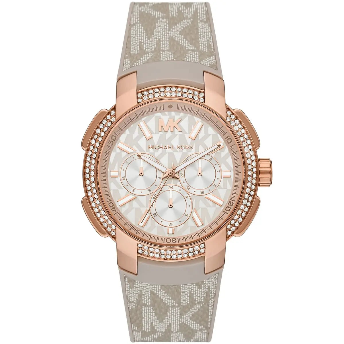 Michael Kors Sidney MK6949 Rose Gold-Tone Crystal Grey Logo Rubber Women's Watch