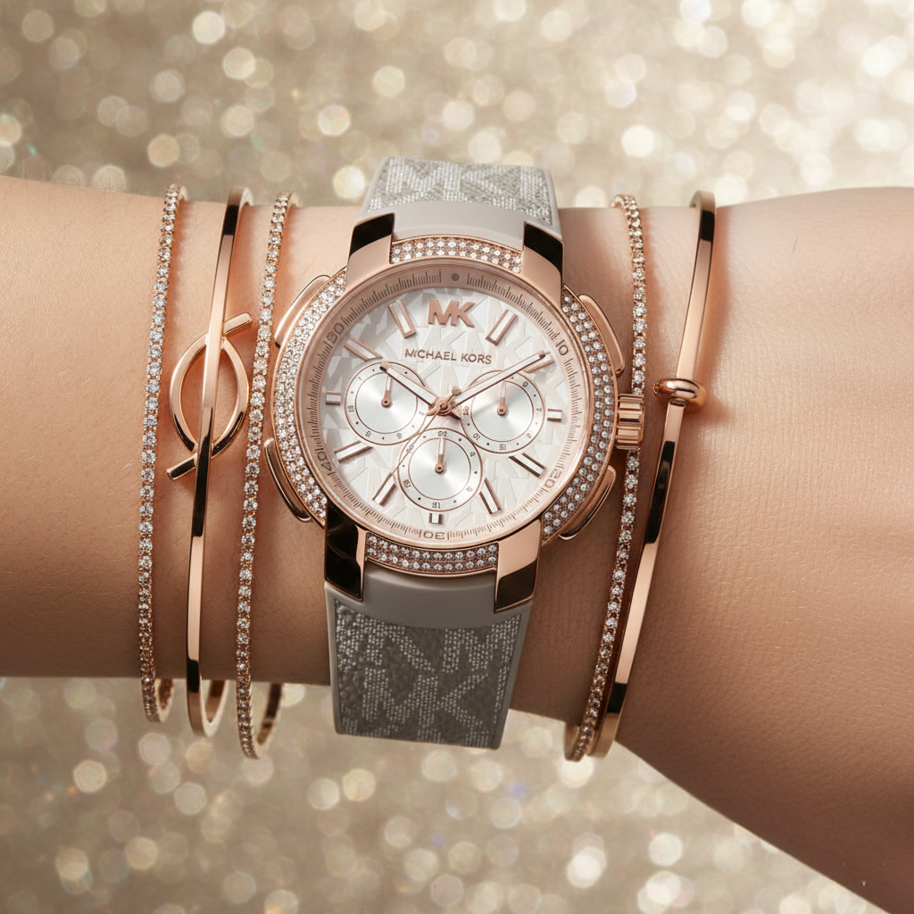 Michael Kors Sidney MK6949 Rose Gold-Tone Crystal Grey Logo Rubber Women's Watch