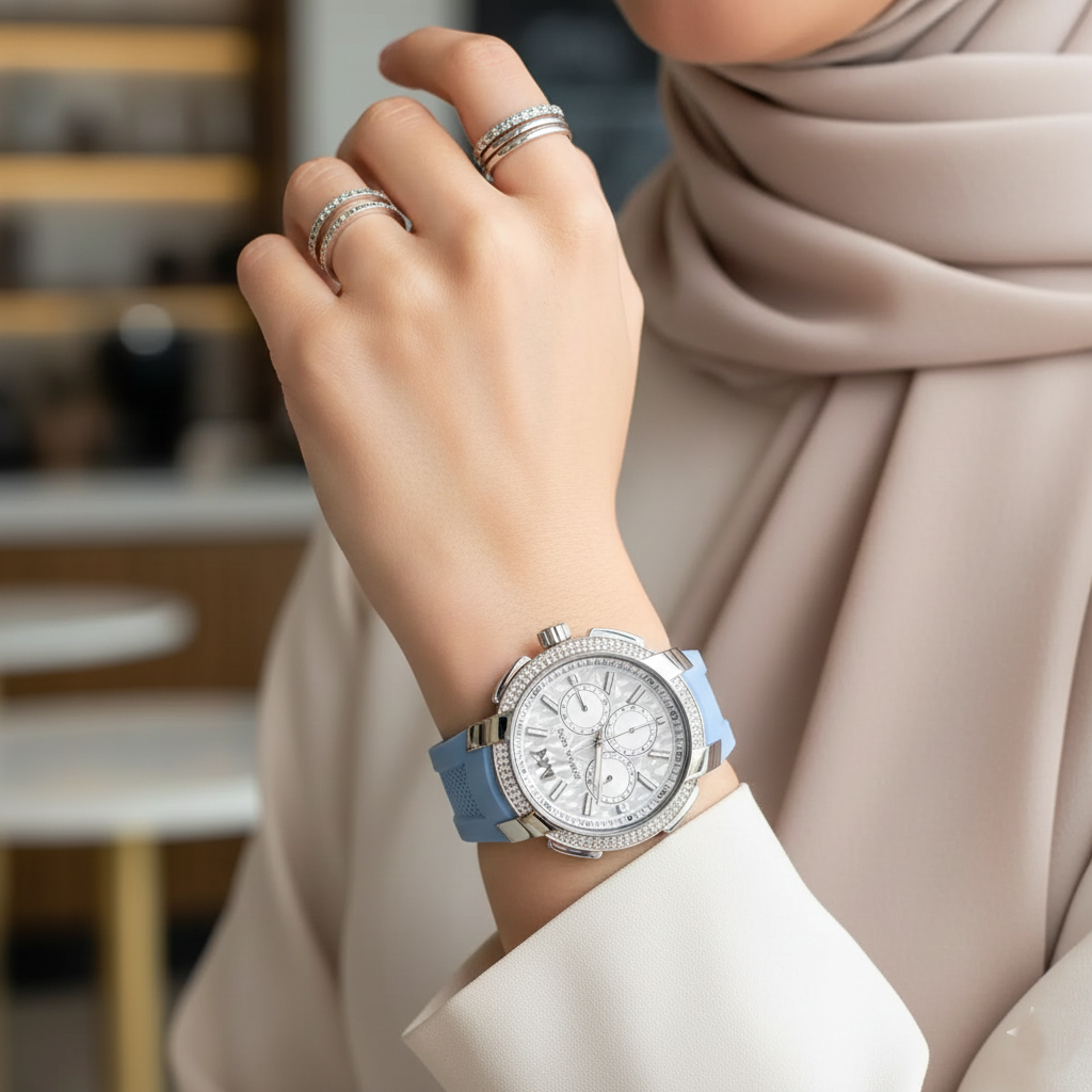 Michael Kors Sidney MK7220 Silver-Tone Crystal Blue Rubber Strap Women's Watch