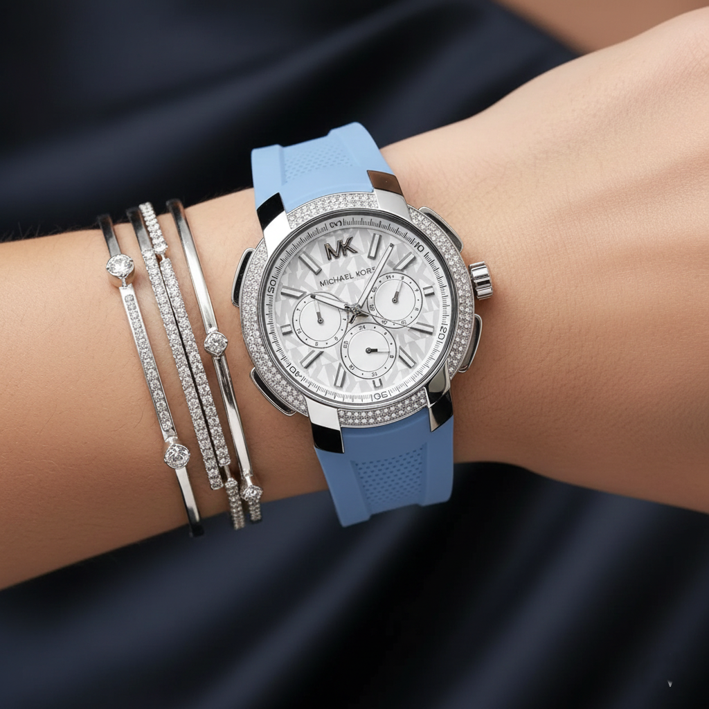 Michael Kors Sidney MK7220 Silver-Tone Crystal Blue Rubber Strap Women's Watch