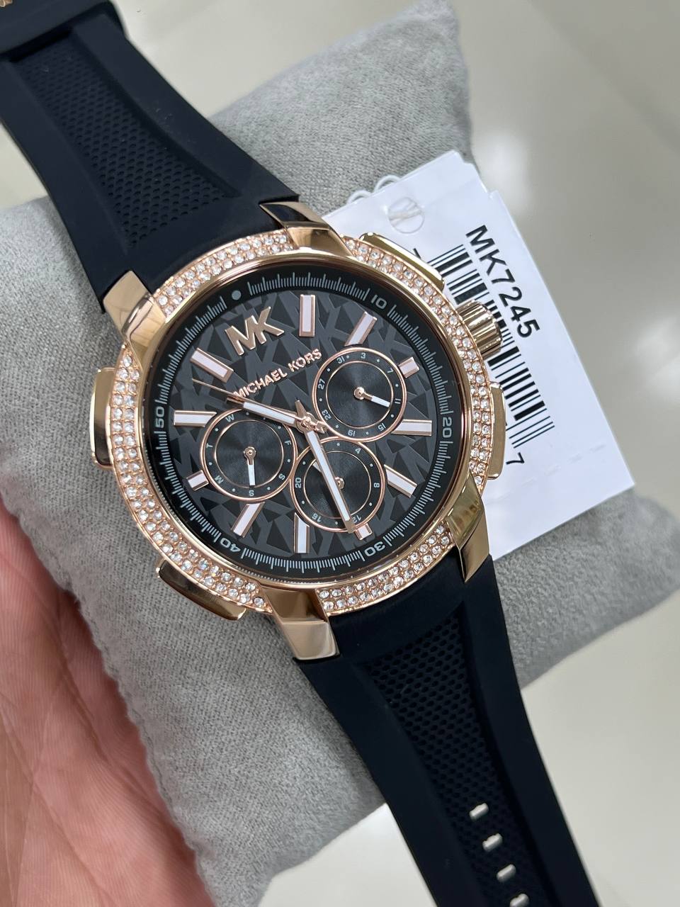 Michael Kors Sidney MK7245 Rose Gold-Tone Crystal Black Dial Rubber Women's Watch