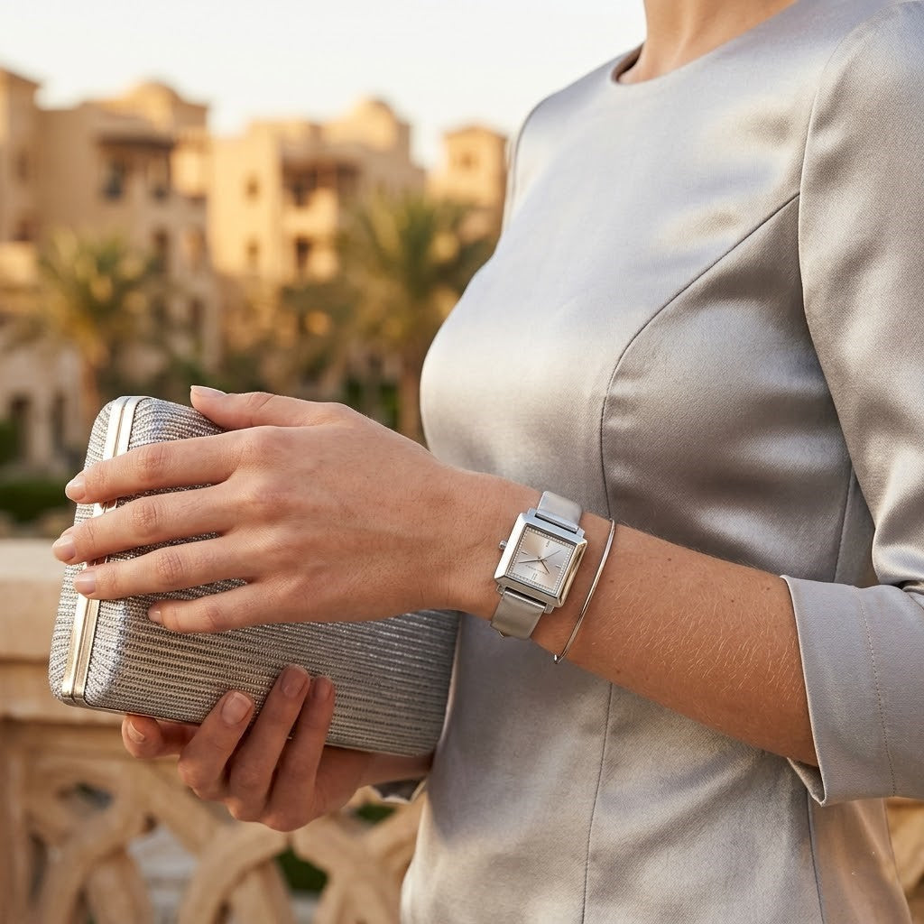 Michael Kors Emery MK1219 Square Silver-Tone Metallic Leather Watch