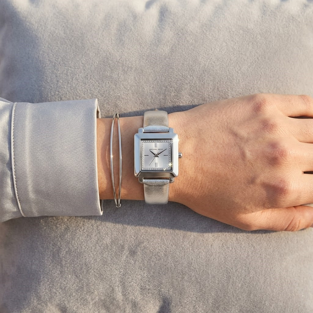 Michael Kors Emery MK1219 Square Silver-Tone Metallic Leather Watch