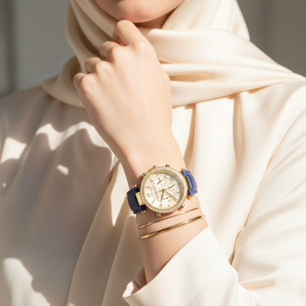Michael Kors Parker MK2280 Gold-Tone Watch with Navy Blue Leather Strap