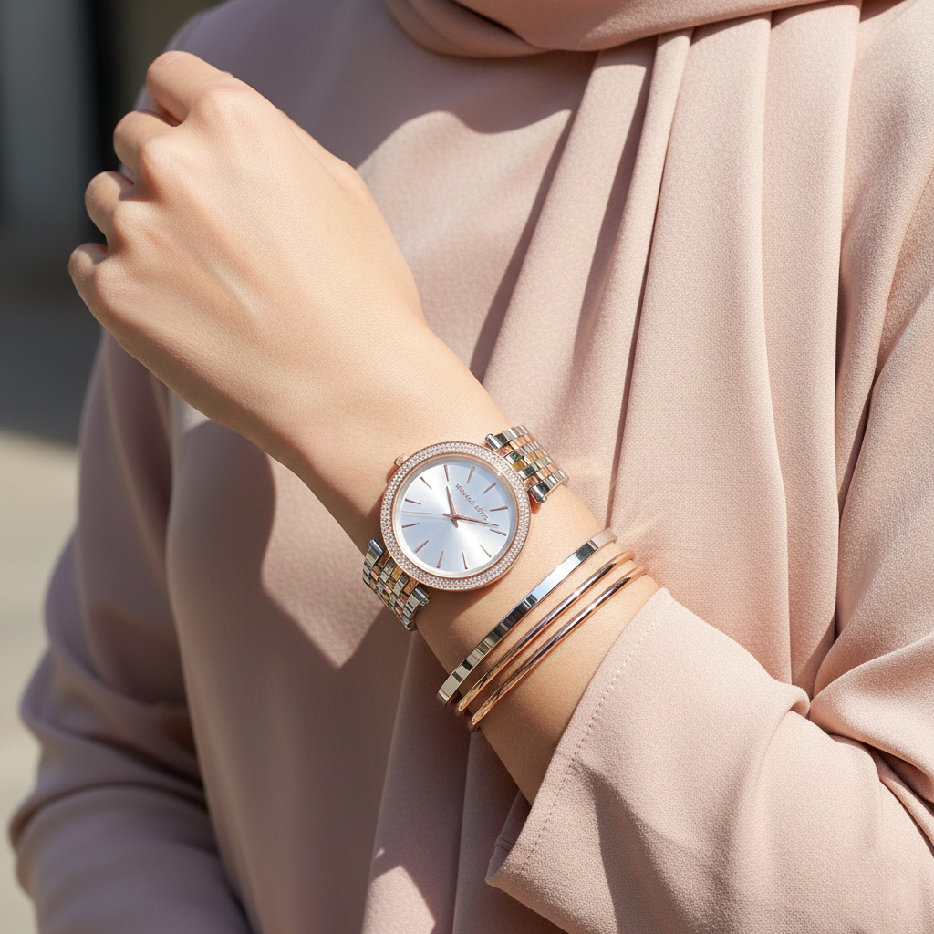Michael Kors Darci MK3203 Tri-Tone Watch with Crystal Bezel and Silver Dial