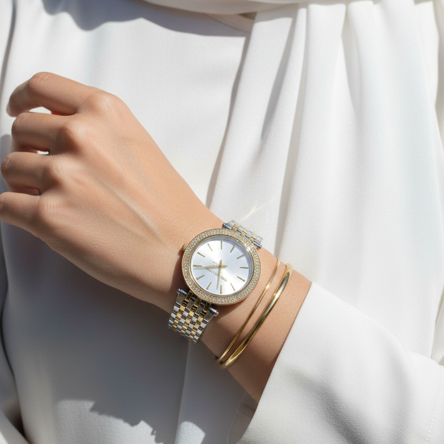 Michael Kors Darci MK3215 Two-Tone Watch with Silver Sunray Dial and Crystal Bezel
