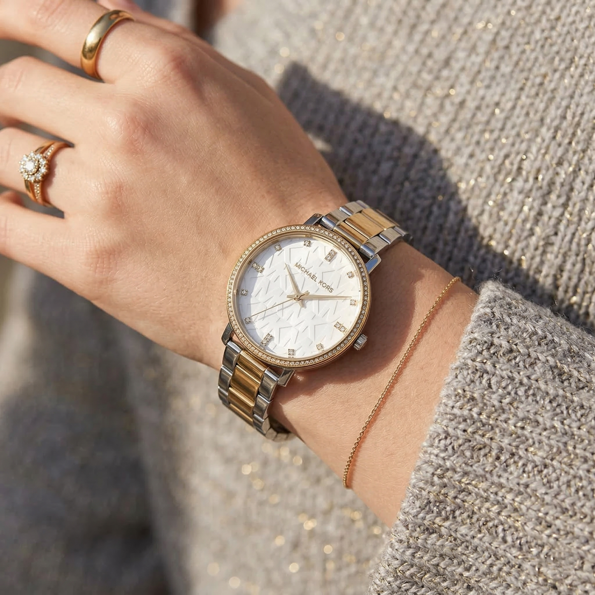 Michael Kors Pyper MK4595 Two-Tone Silver & Gold MK Logo White Dial Women's Watch