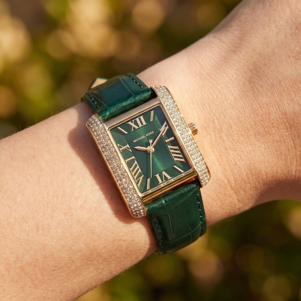 Michael Kors Emery MK4697 Rectangular Rose Gold Tone Green Leather Women Watch