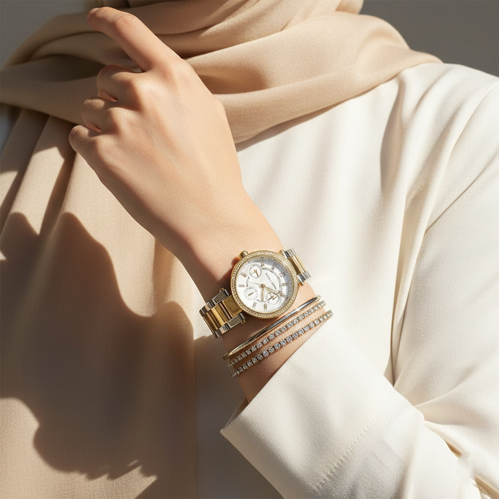 Michael Kors Parker MK6055 Two-Tone Watch with Crystal Bezel and Multi-Function Dial