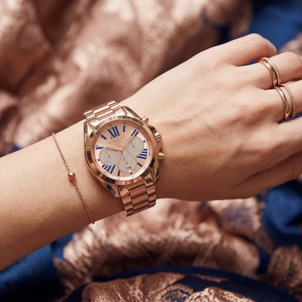 Michael Kors Bradshaw MK6321 Rose Gold-Tone Pavé Dial Blue Numerals Women's Watch