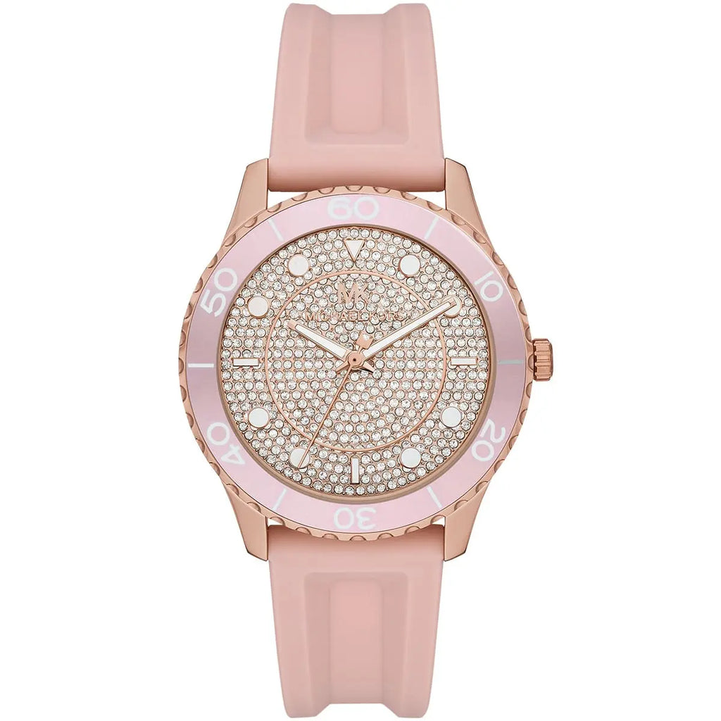 Michael Kors Runway MK6854 Rose Gold Tone Full Pavé Crystal Pink Rubber Women's Watch