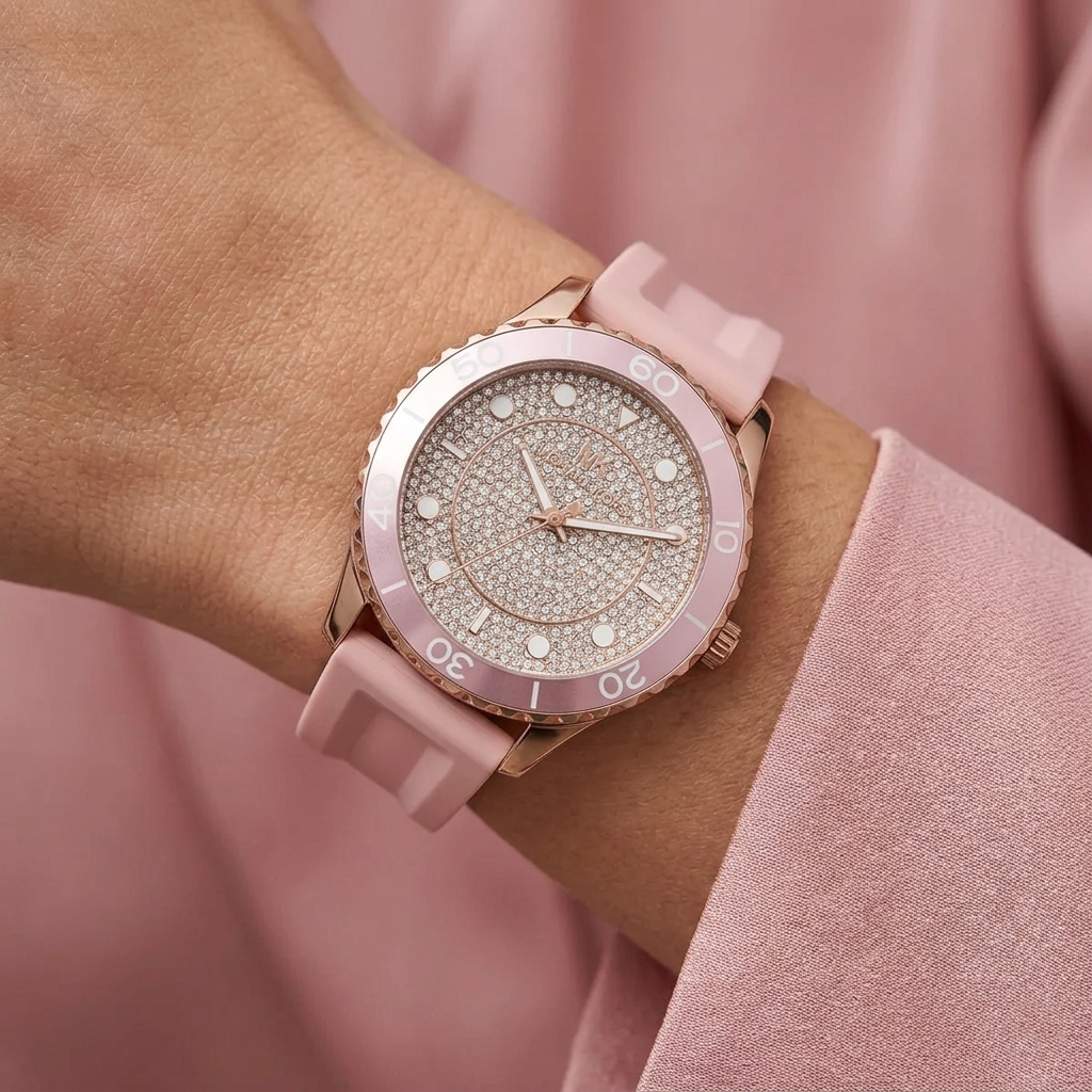 Michael Kors Runway MK6854 Rose Gold Tone Full Pavé Crystal Pink Rubber Women's Watch