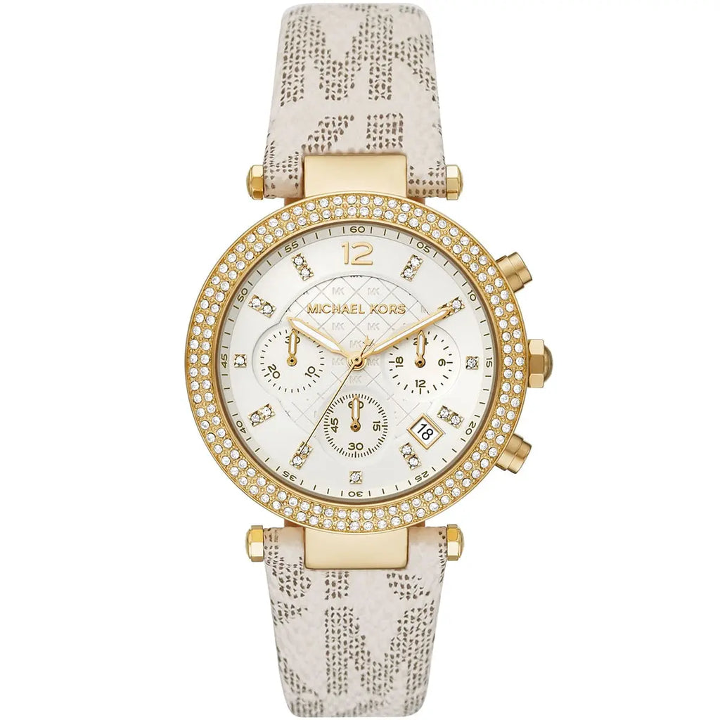 Michael Kors Parker MK6916 Chronograph White Logo Leather Strap Women's Watch