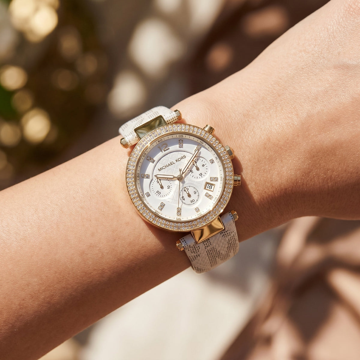 Michael Kors Parker MK6916 Chronograph White Logo Leather Strap Women's Watch
