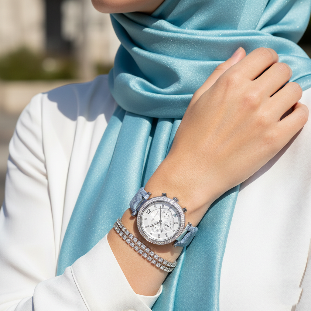 Michael Kors Parker MK6936 Silver Watch with Light Blue Genuine Leather Strap