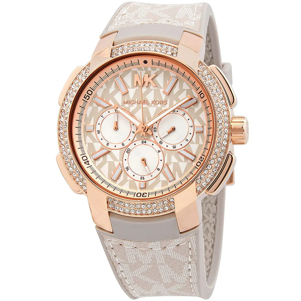 Michael Kors Sidney MK6949 Rose Gold-Tone Crystal Grey Logo Rubber Women's Watch
