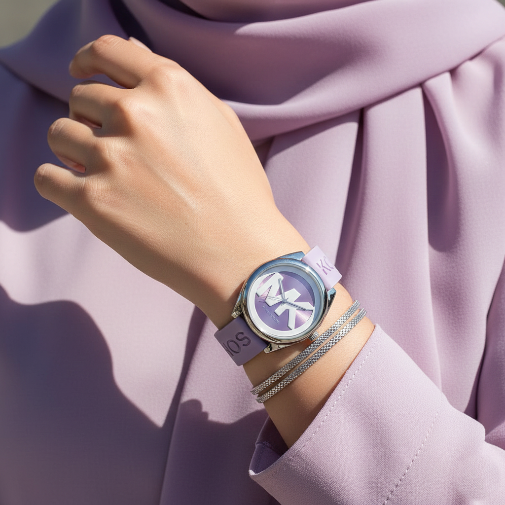 Michael Kors Janelle MK7143 Silver Watch with Purple Silicone Strap