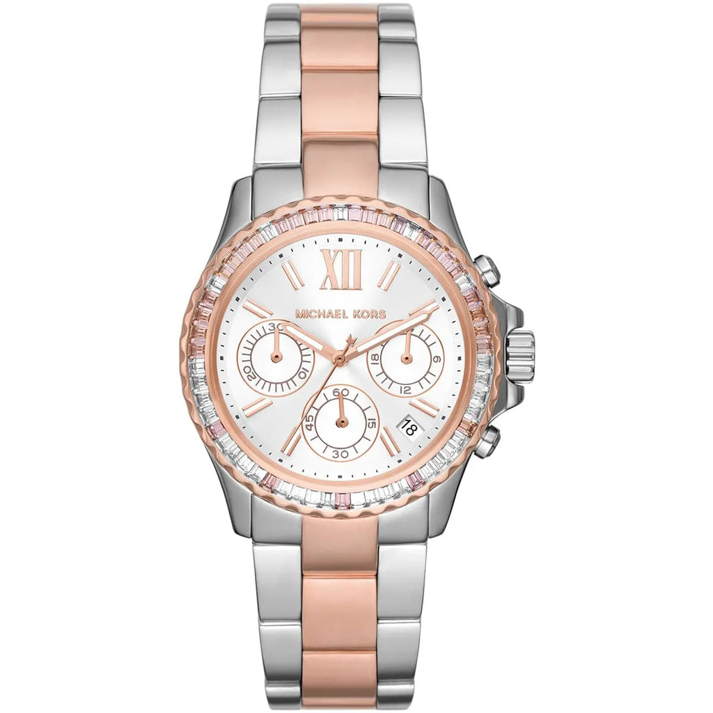 Michael Kors Everest MK7214 Two-Tone Silver & Rose Gold Baguette Crystal Women's Watch