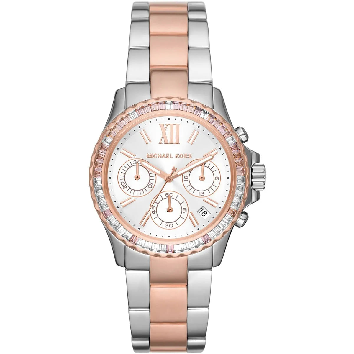 Michael Kors Everest MK7214 Two-Tone Silver & Rose Gold Baguette Crystal Women's Watch