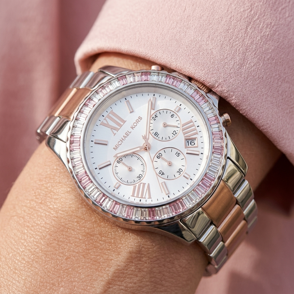 Michael Kors Everest MK7214 Two-Tone Silver & Rose Gold Baguette Crystal Women's Watch