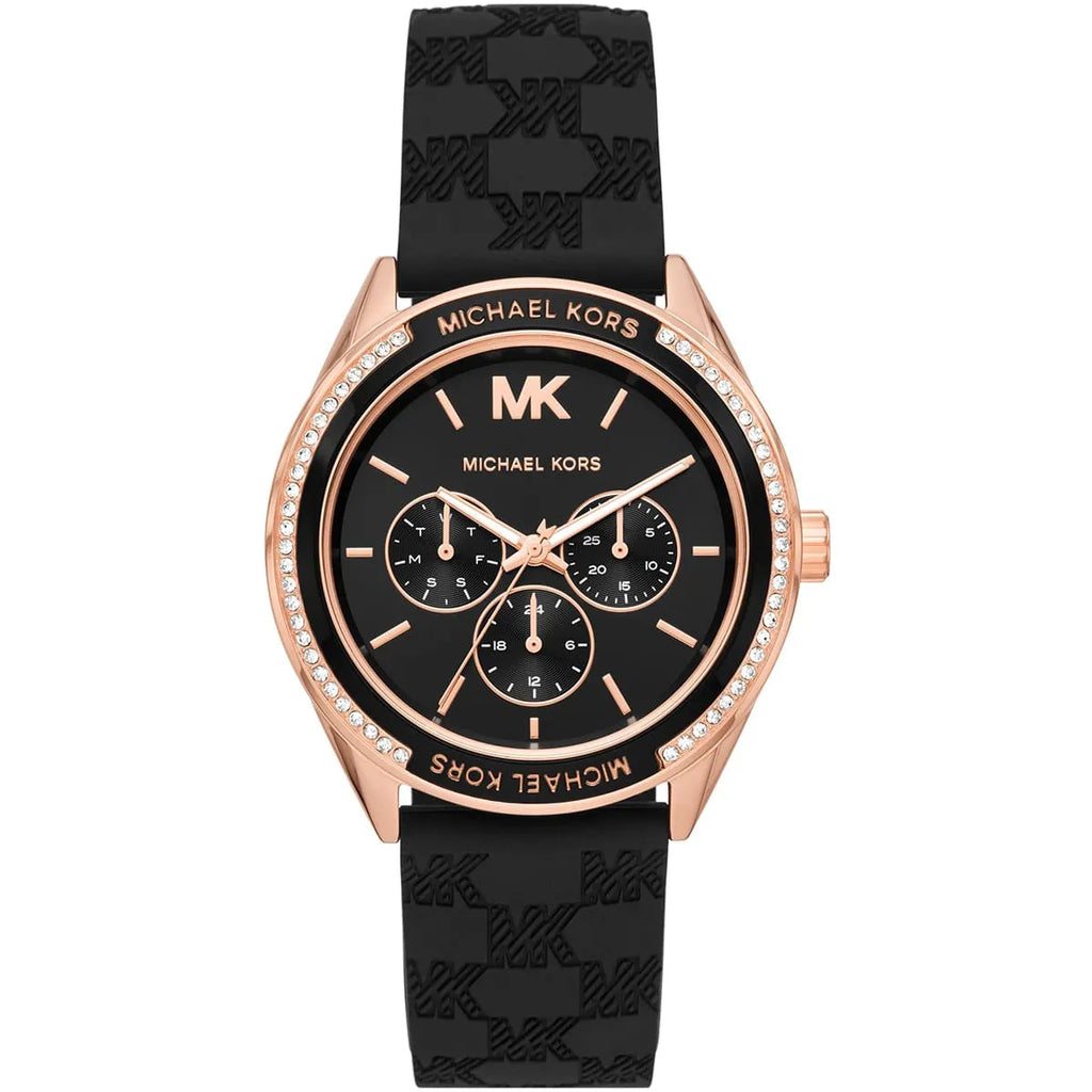 ساعة مايكل كورس جيسا MK7266 للنساء لون ذهبي وردي، مينا أسود، سوار مطاطي أسود