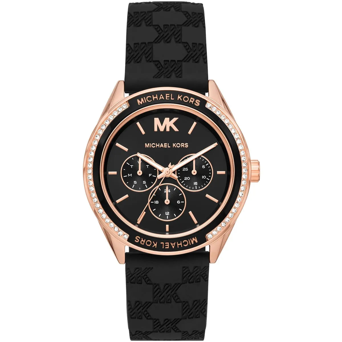 ساعة مايكل كورس جيسا MK7266 للنساء لون ذهبي وردي، مينا أسود، سوار مطاطي أسود