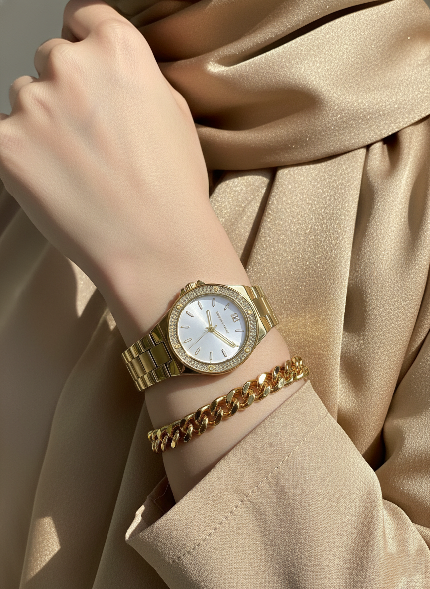 Michael Kors Lennox MK7278 Gold-Tone Watch with Crystal Bezel and Silver Dial