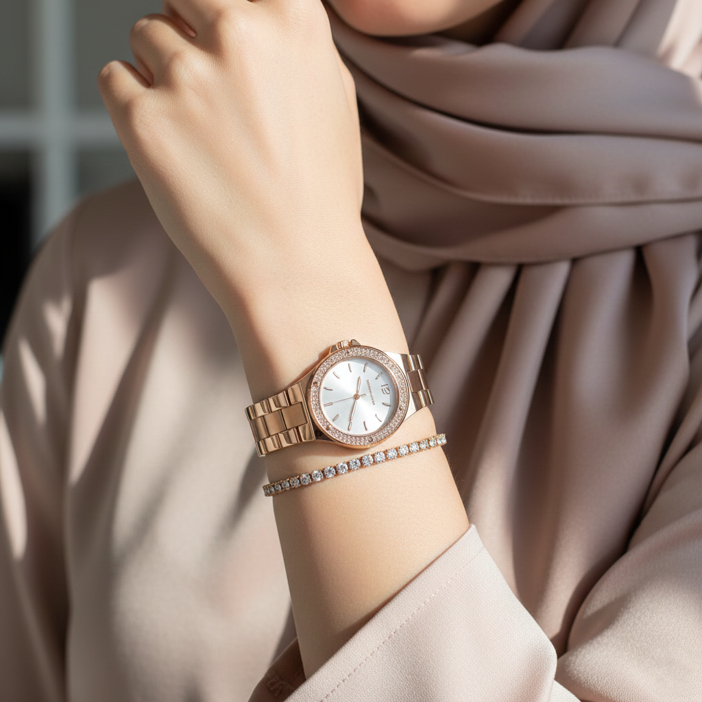 Michael Kors Lennox MK7279 Rose Gold Watch with Crystal Bezel and Silver Dial