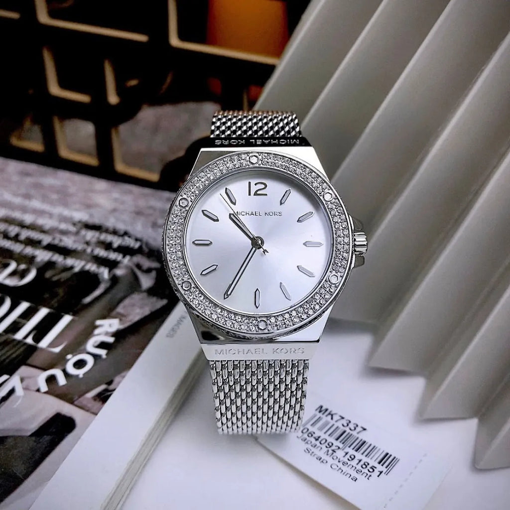 Michael Kors Lennox MK7337 Silver-Tone Watch with Mesh Bracelet and Crystal Bezel