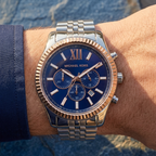 Michael Kors Lexington MK8689 Silver Case Rose Gold Bezel Blue Dial Men's Watch