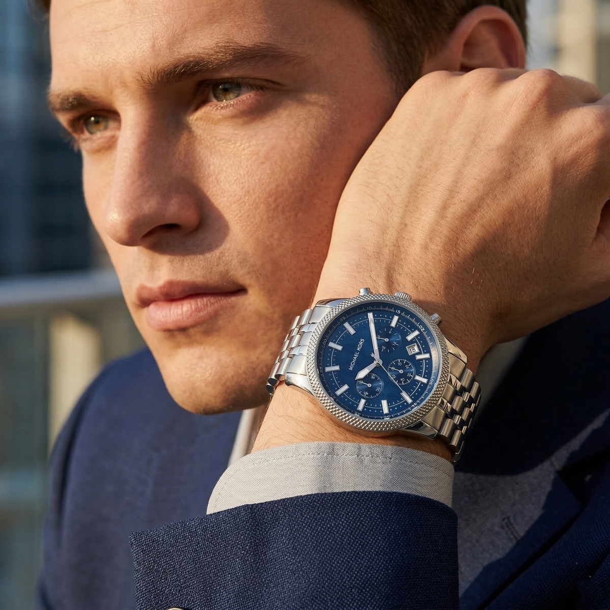 Michael Kors Hutton MK8952 Silver-Tone Blue Textured Dial Men's Watch