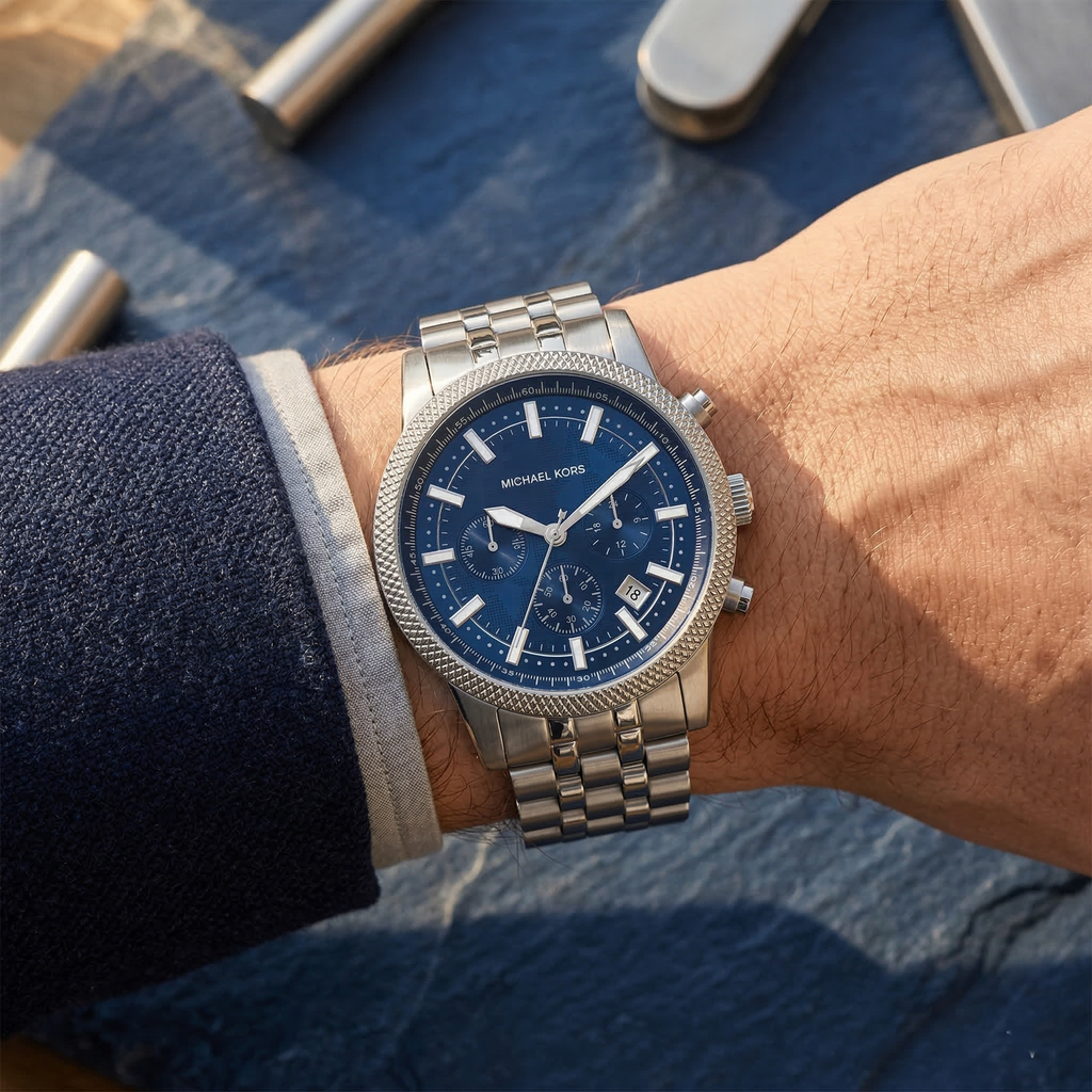 Michael Kors Hutton MK8952 Silver-Tone Blue Textured Dial Men's Watch