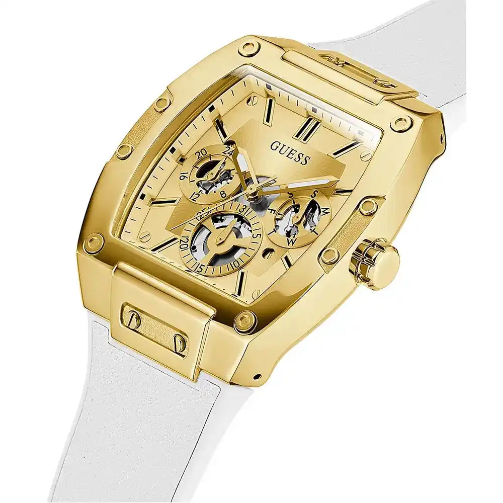 ساعة يد رجالية Guess Phoenix GW0202G6 ذهبية اللون ومطاط أبيض