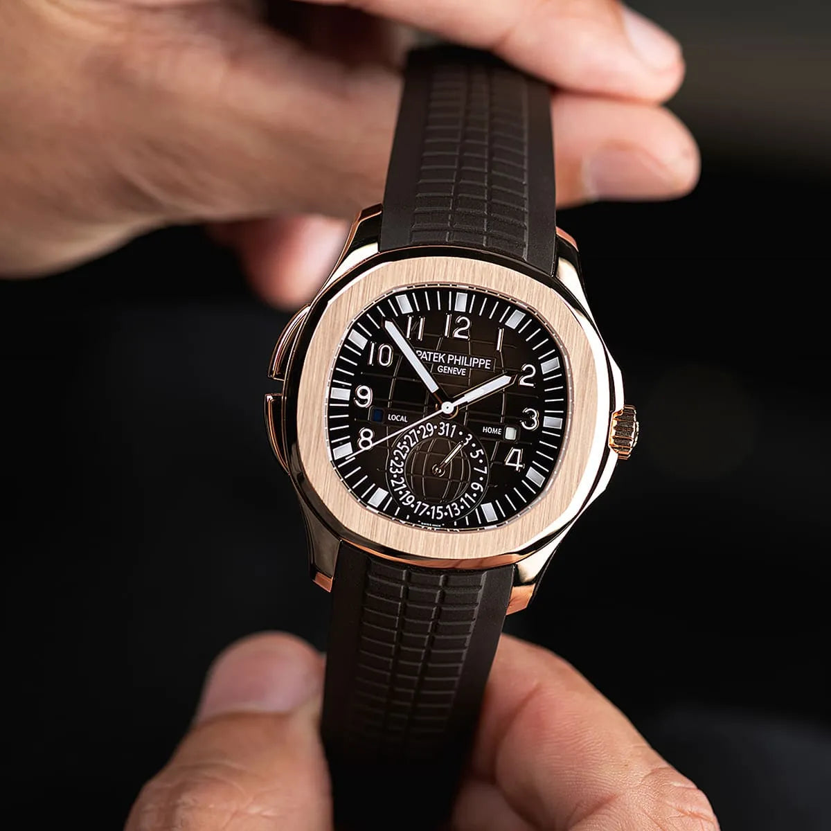 Patek Philippe Men’s Aquanaut Travel Time Rose Gold Brown Dial Watch