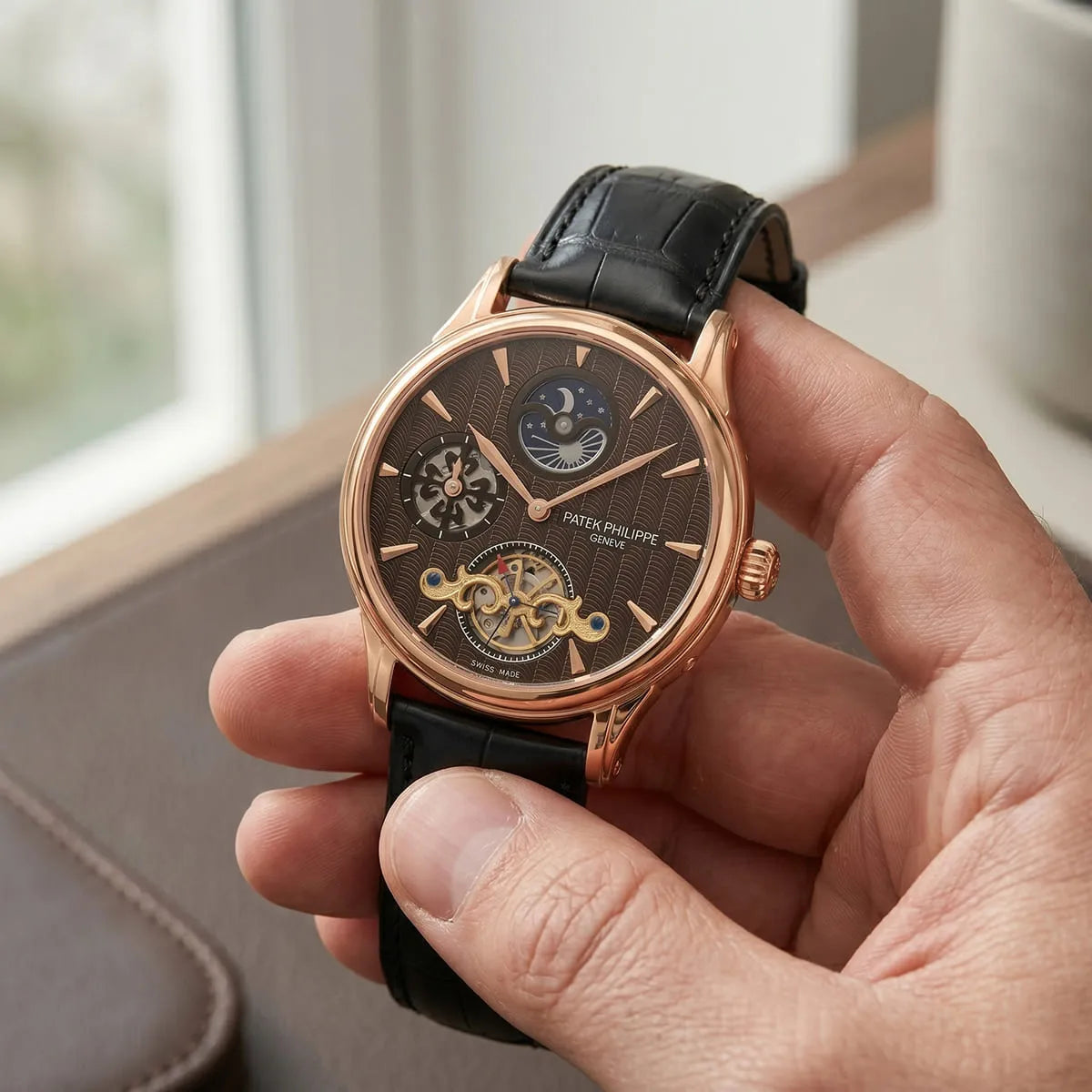 Patek Philippe Men’s Rose Gold Brown Dial Open-Heart Watch