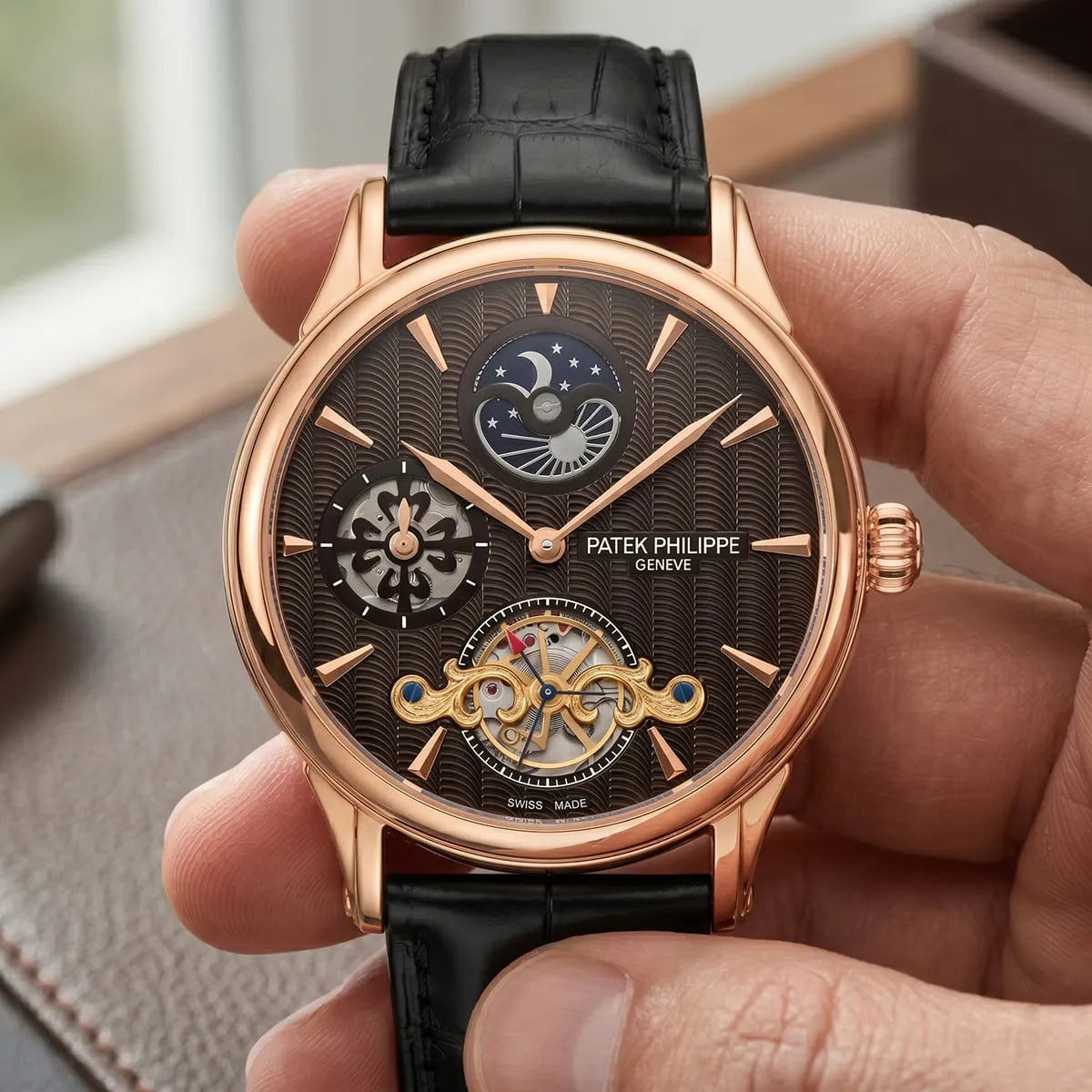 Patek Philippe Men’s Rose Gold Brown Dial Open-Heart Watch