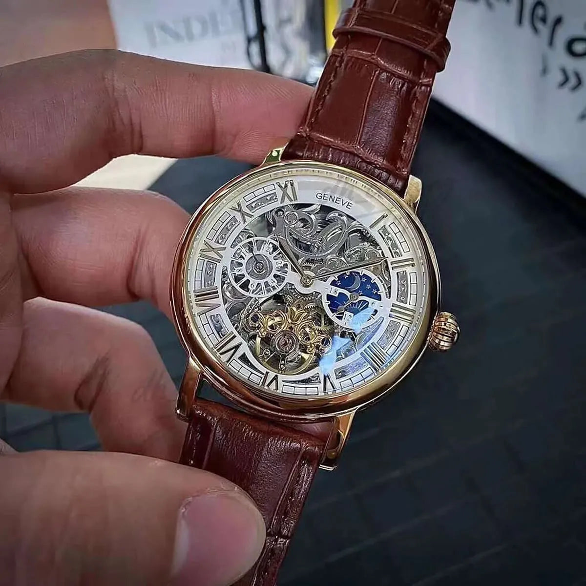 Patek Philippe Men’s Rose Gold-Tone Skeleton Moonphase Watch