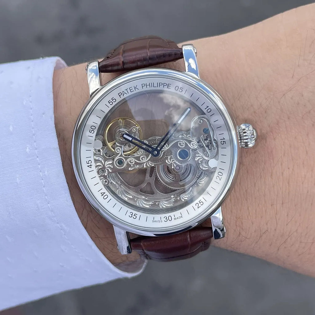 Patek Philippe Men’s Skeleton Dial Watch with Brown Leather Strap