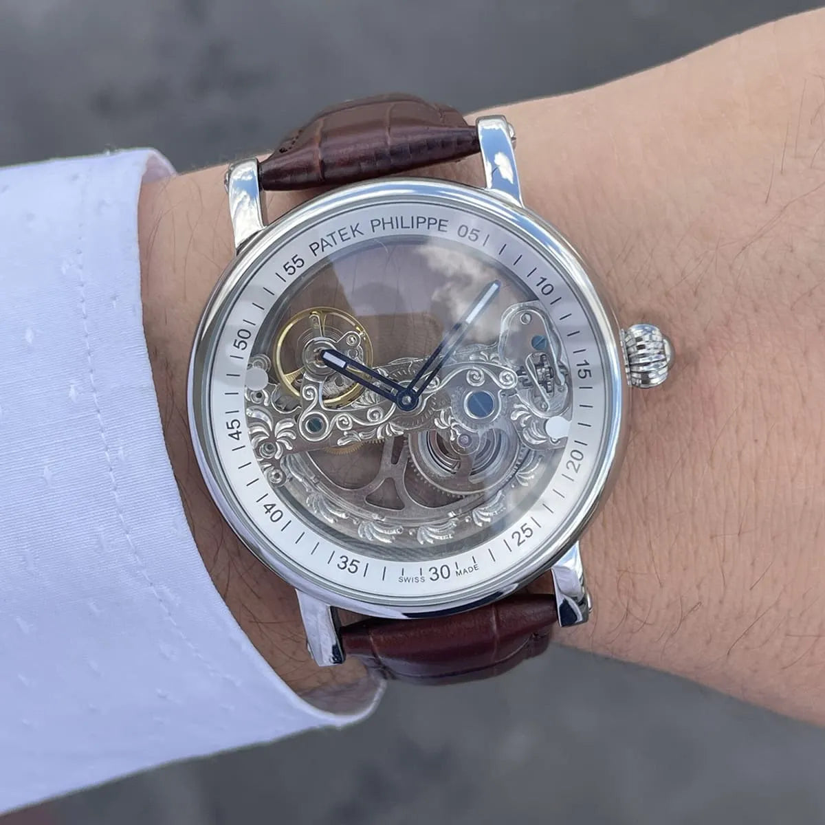Patek Philippe Men’s Skeleton Dial Watch with Brown Leather Strap