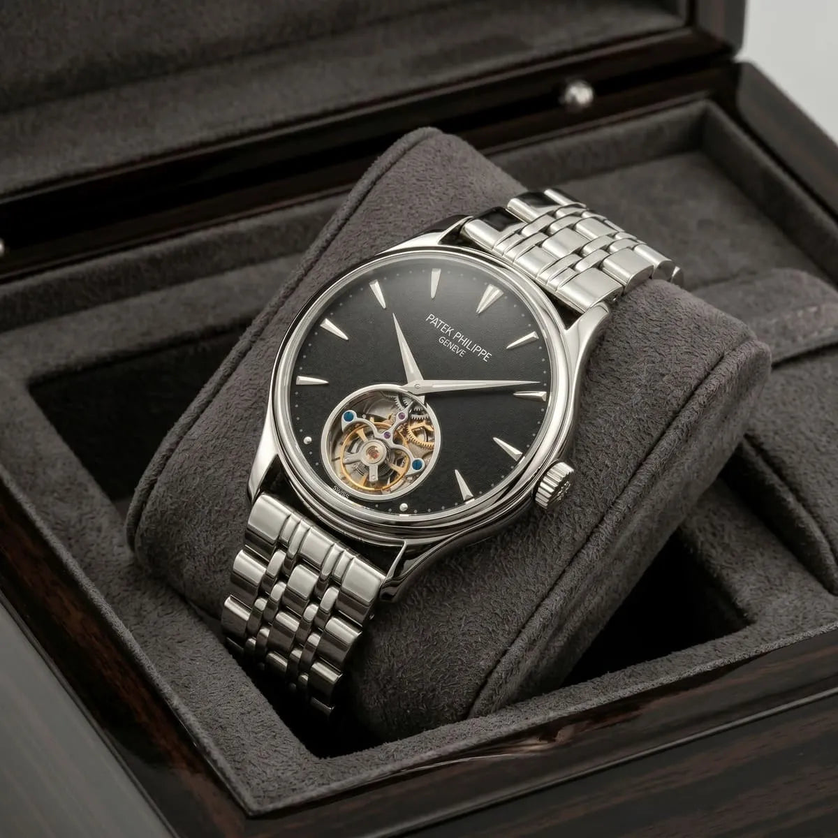 Patek Philippe Men’s Black Textured Dial Open-Heart Watch