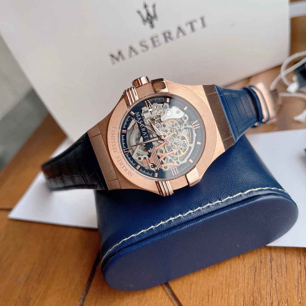 Maserati Potenza R8821108022 Limited Edition Skeleton Automatic Blue Leather Men's Watch