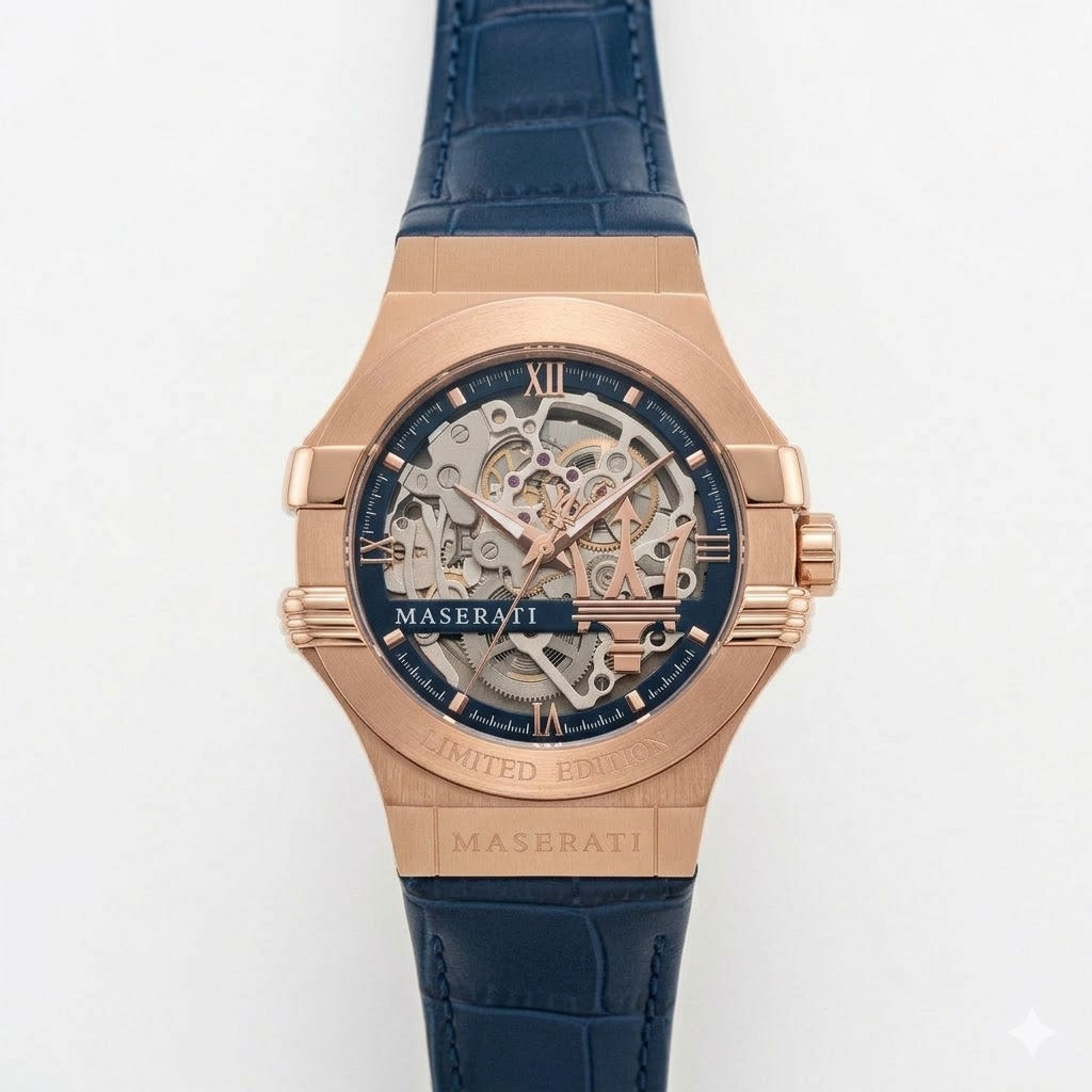 Maserati Potenza R8821108022 Limited Edition Skeleton Automatic Blue Leather Men's Watch