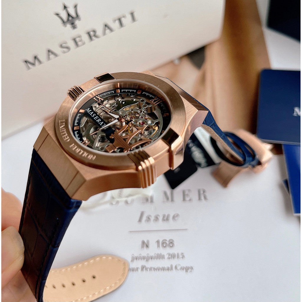 Maserati Potenza R8821108022 Limited Edition Skeleton Automatic Blue Leather Men's Watch