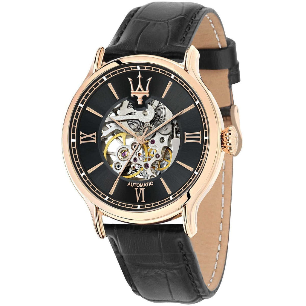 Maserati Epoca R8821118001 Rose Gold Black Skeleton Automatic Leather Men's Watch
