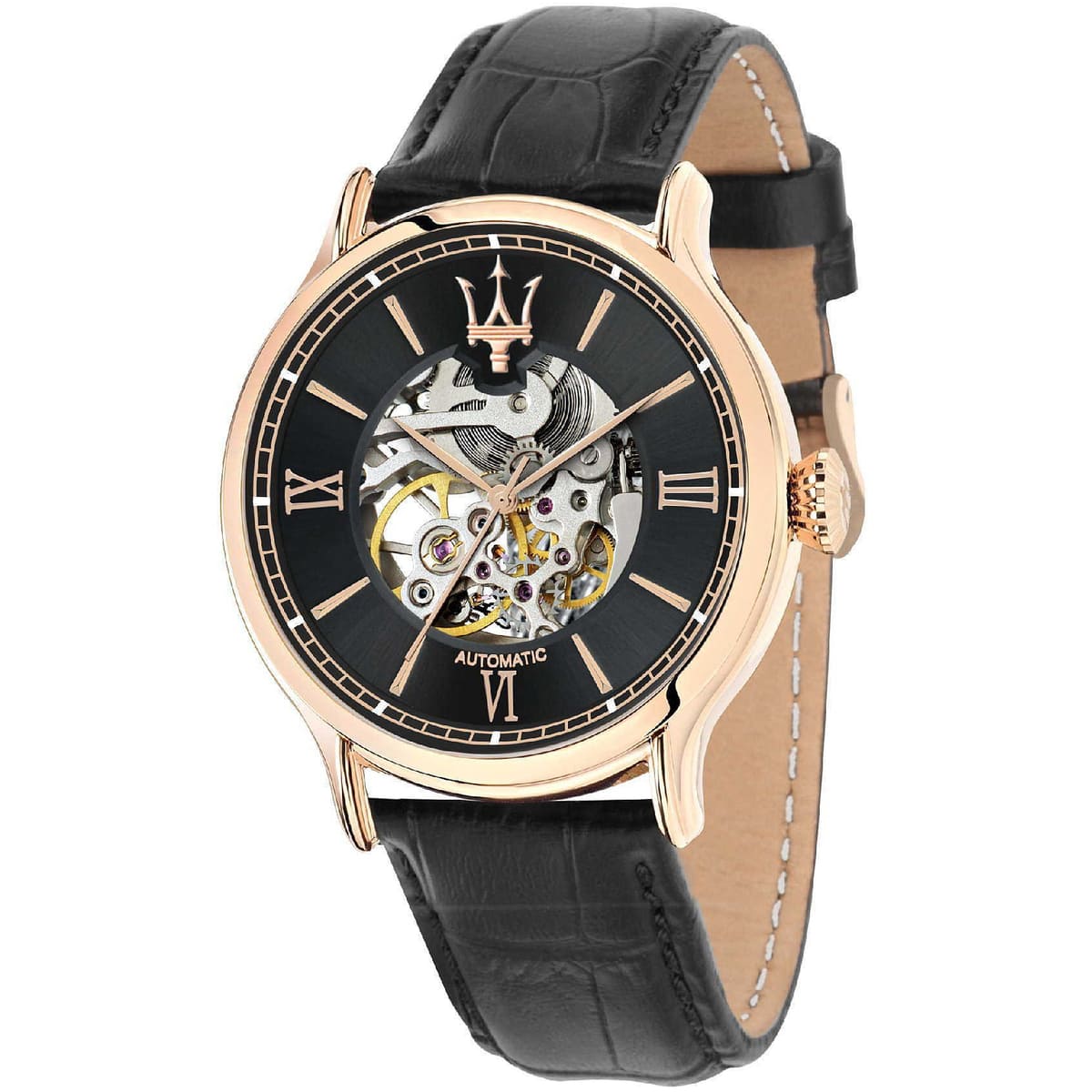 Maserati Epoca R8821118001 Rose Gold Black Skeleton Automatic Leather Men's Watch