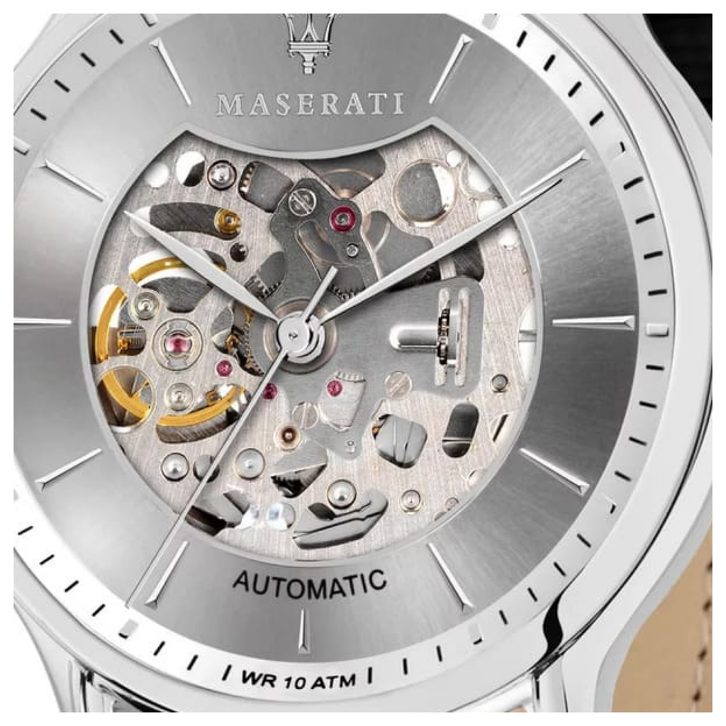 Maserati Epoca R8821118005 Silver Open Heart Automatic Black Leather Men's Watch
