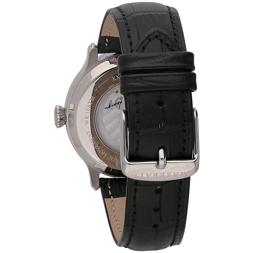 Maserati Epoca R8821118005 Silver Open Heart Automatic Black Leather Men's Watch