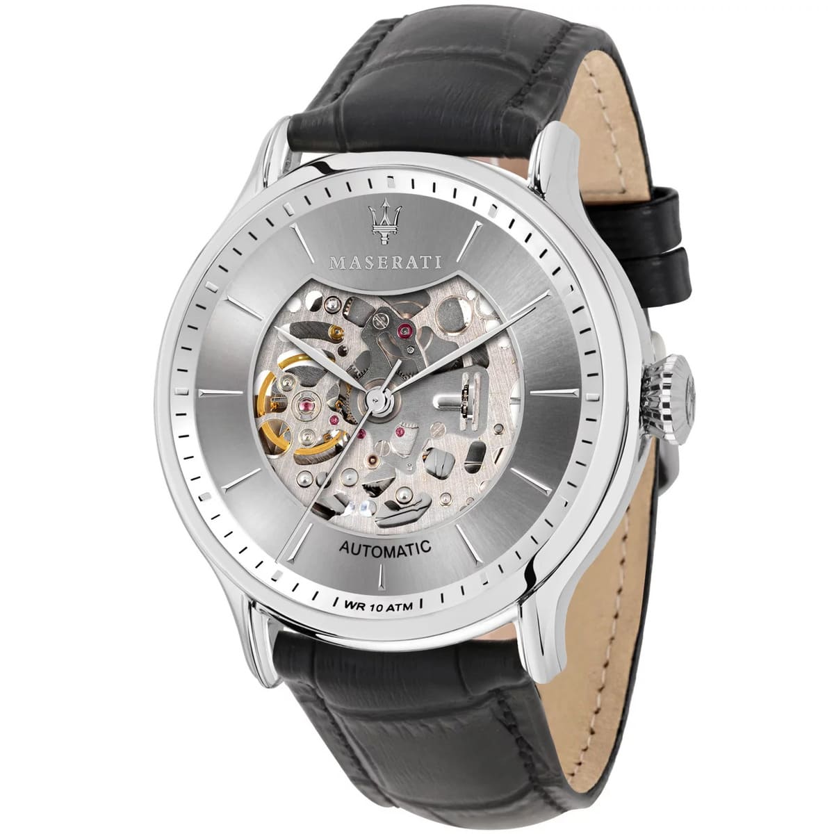 Maserati Epoca R8821118005 Silver Open Heart Automatic Black Leather Men's Watch