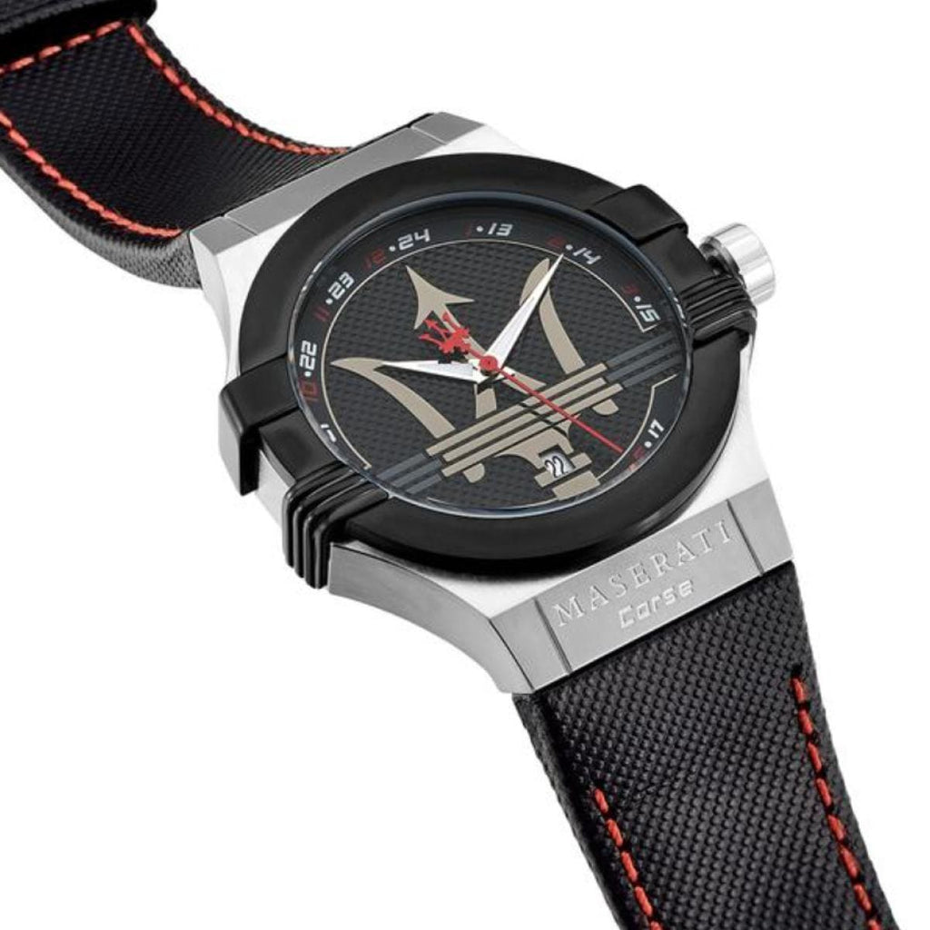Maserati Potenza R8851108001 Silver Case Black Bezel Red Stitching Watch